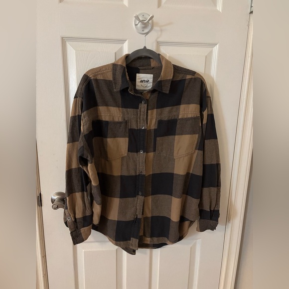 aerie Tops - Aerie Anytime Fave Flannel Shirt Brown Black Plaid Oversized Small